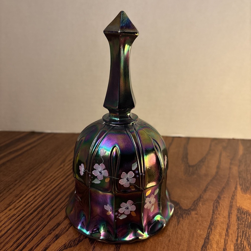 Fenton Hand Painted Carnival Glass Bell Signed Floral Amethyst Iridescent 373B